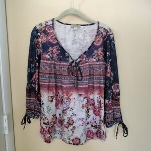 Boho floral top blouse shirt black tan cream size M Office festival Western